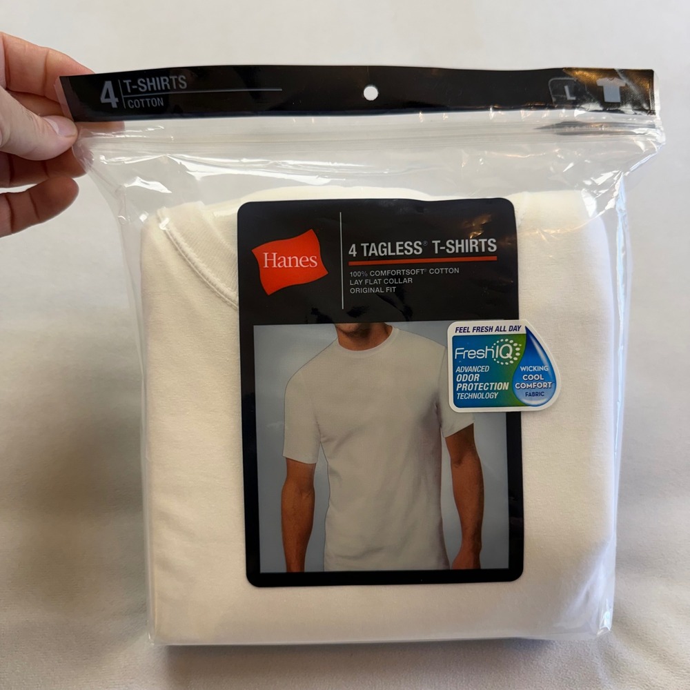 Hanes Mens 4 Pack Tagless T-Shirts White ComfortSoft Cotton Crew Neck Large L
